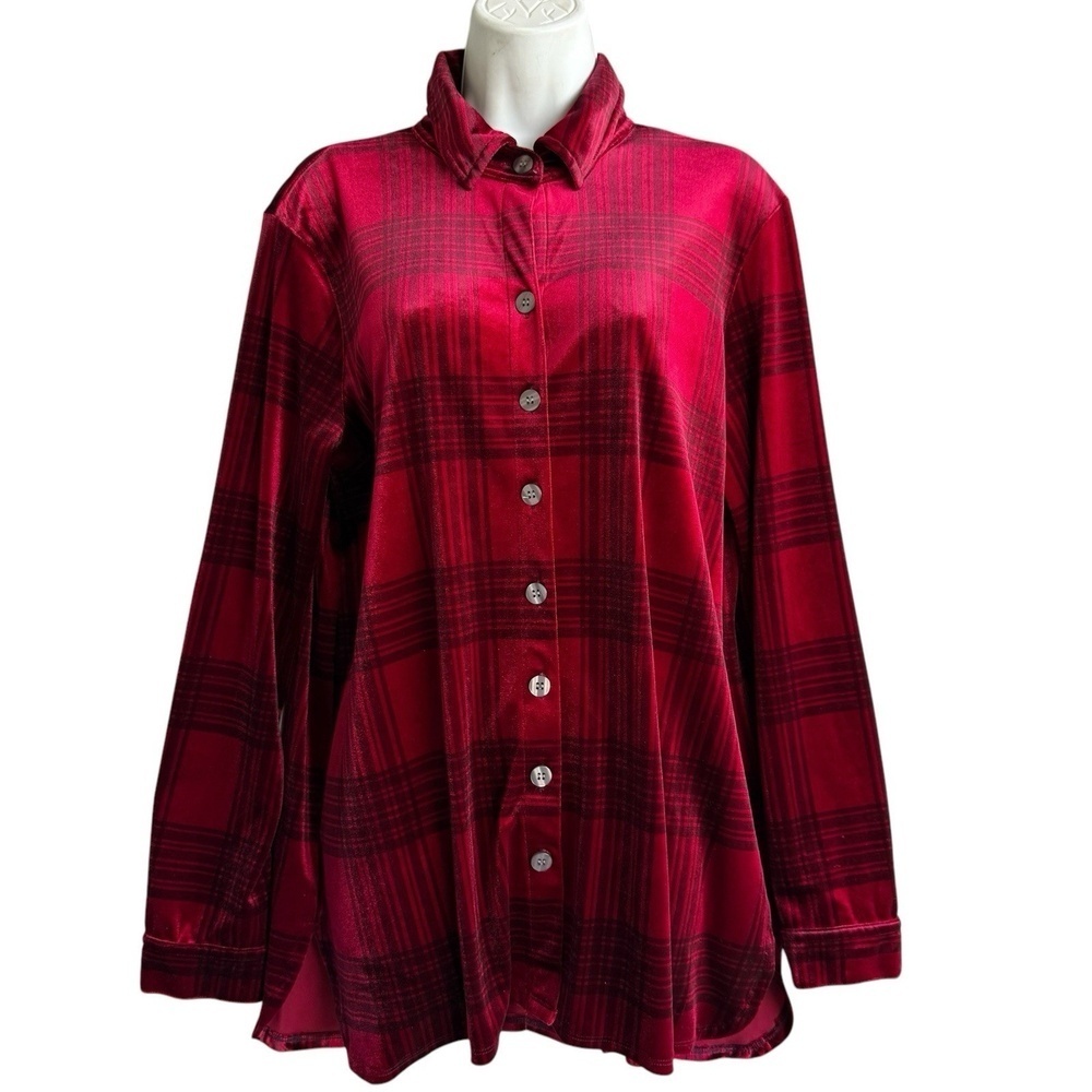 John Mark Plaid Velvet Whimsy Tunic Top Shirt Women's M Red Long Sleeve Blouse
